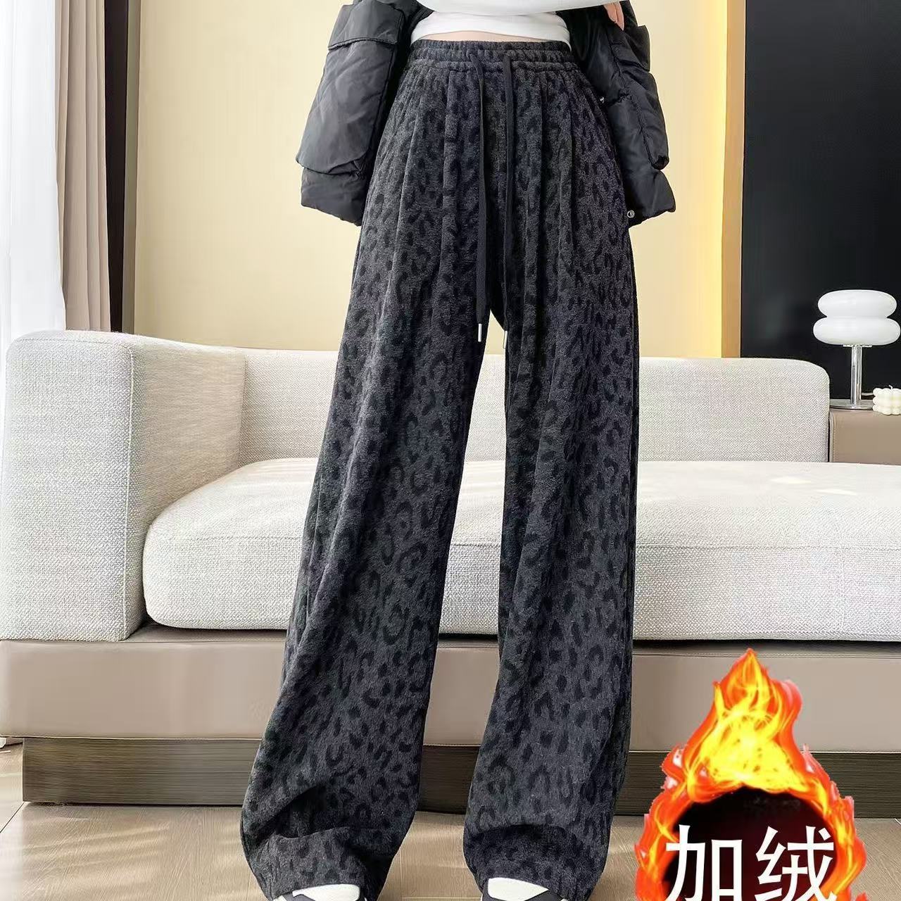 设计感小众豹纹高腰休闲裤宽松时髦弯刀裤女加绒冬季新款洋气长裤