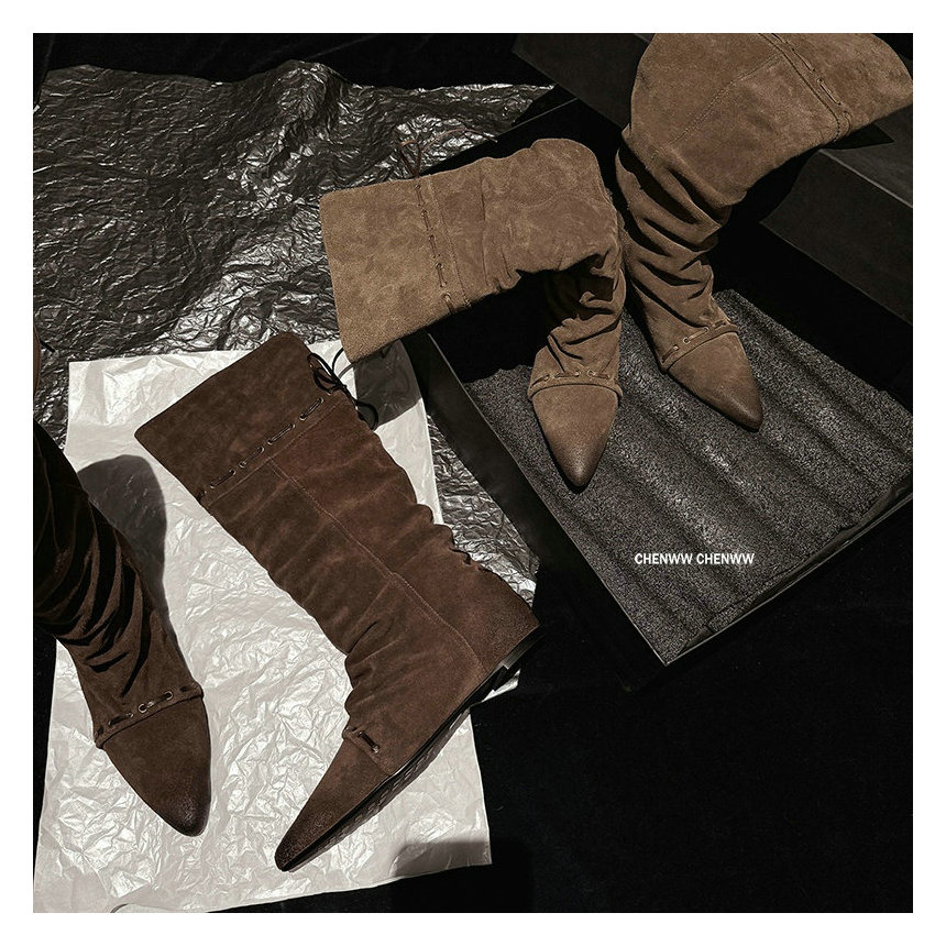 【CHENWW】新款及膝靴可折叠两穿尖头长靴褶皱堆堆靴长筒靴内增高