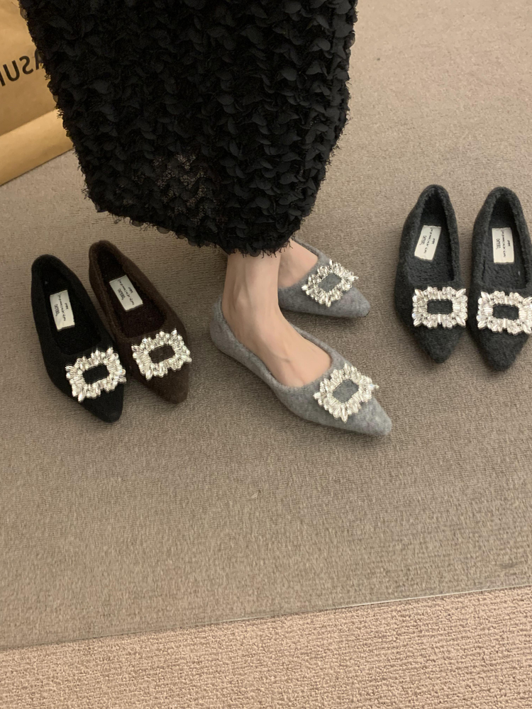 法式水钻尖头加绒单鞋女2025秋冬新款毛呢温柔浅口毛毛鞋软底瓢鞋