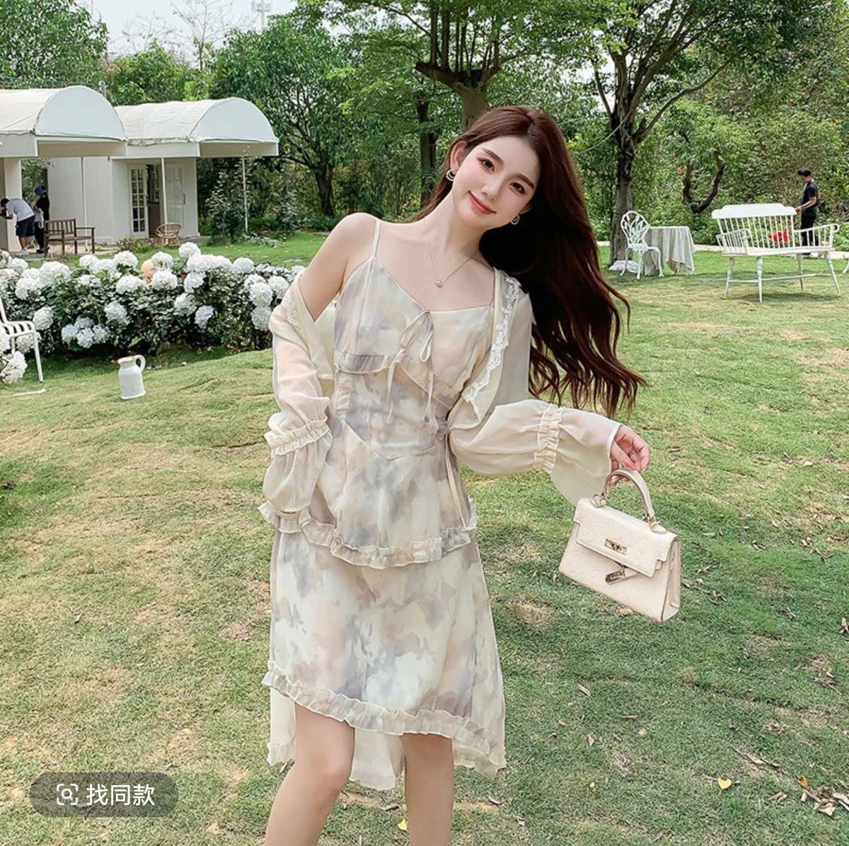 中国风显瘦名媛水墨画吊带裙子女2024新款收腰性感雪纺连衣裙