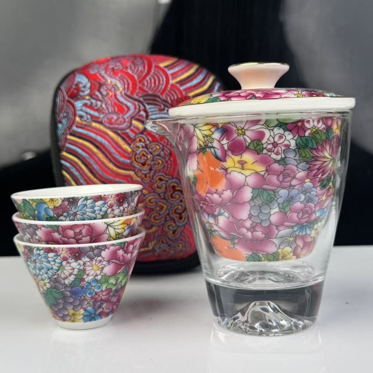 珐琅万花【红】一壶3杯-快客杯C0468