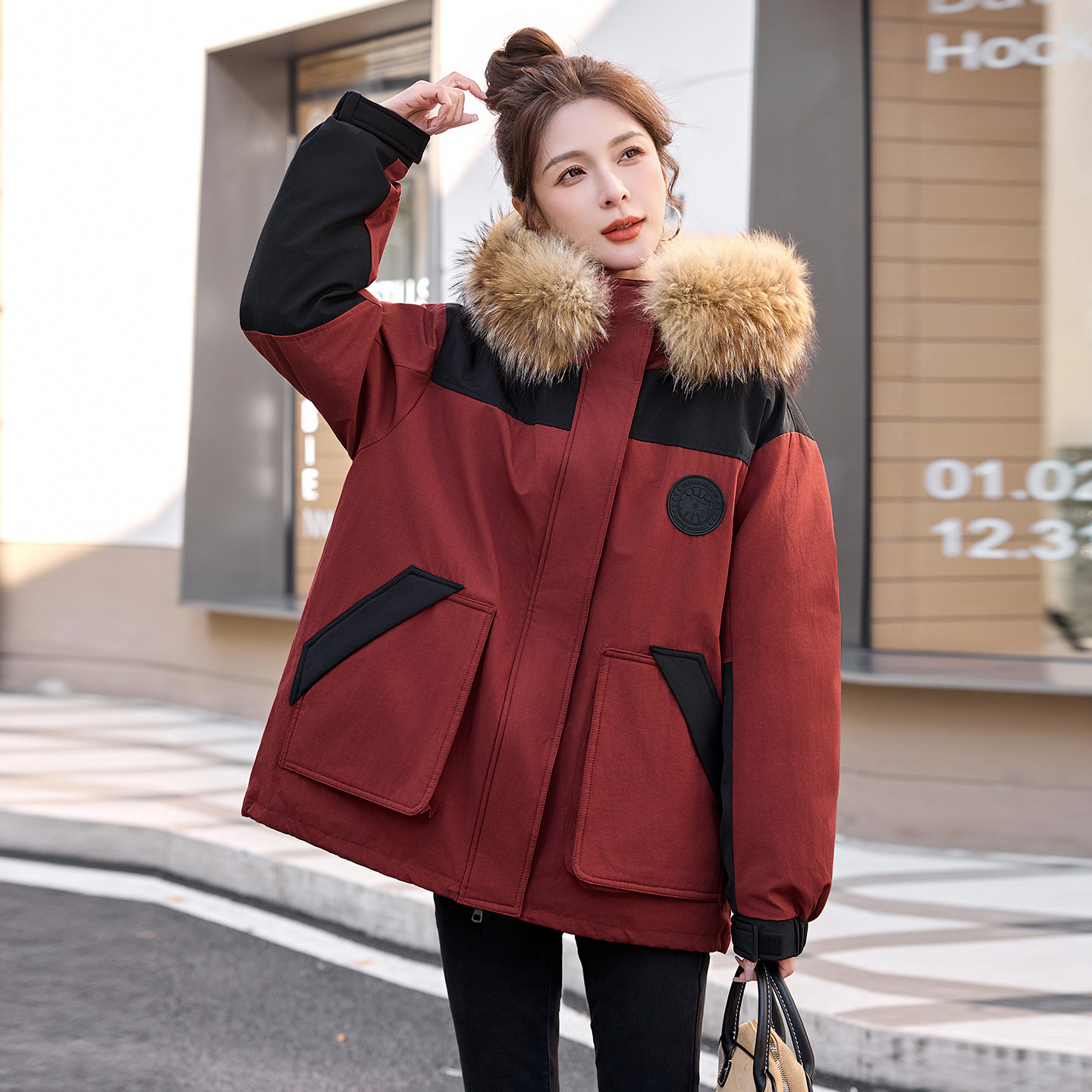 爆款拼色工装派克羽绒服女2025冬季新款小个子高级感中长款外套潮