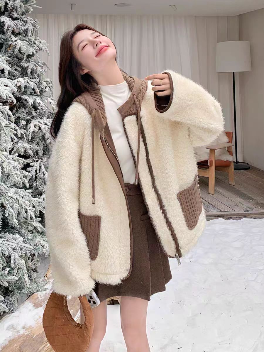 25321【衣长60】加绒加厚休闲拼接连帽保暖短外套2025冬季韩版宽松