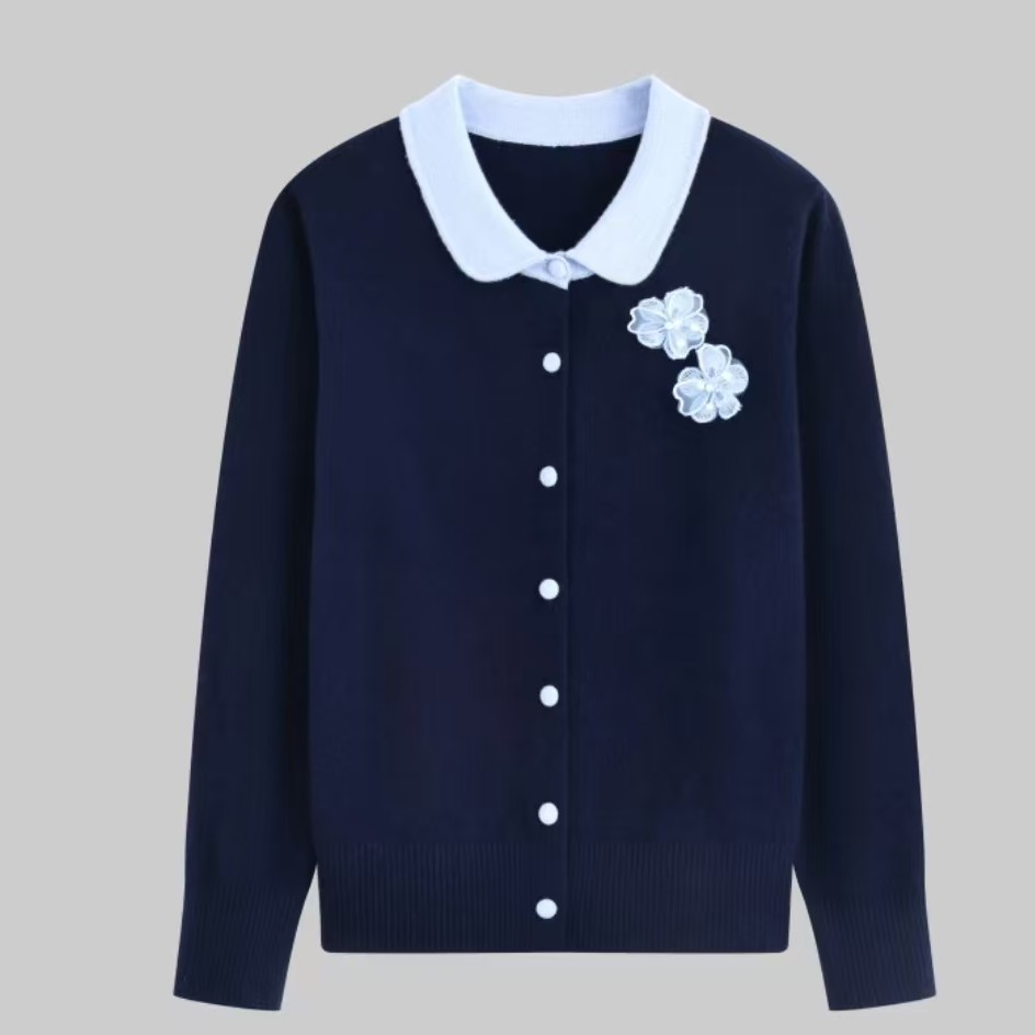 圆领女时尚毛针织衫蓝色海军针织拼接翻领针织开衫