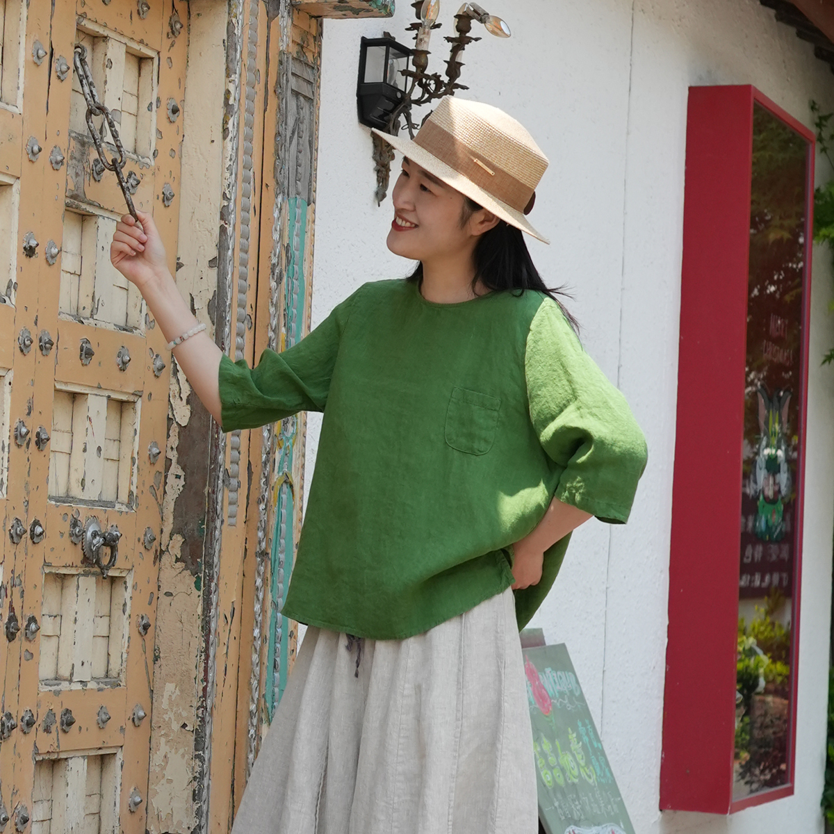 陋室町多彩减龄干洗砂洗亚麻t恤口袋设计休闲百搭文艺气质衬衫女