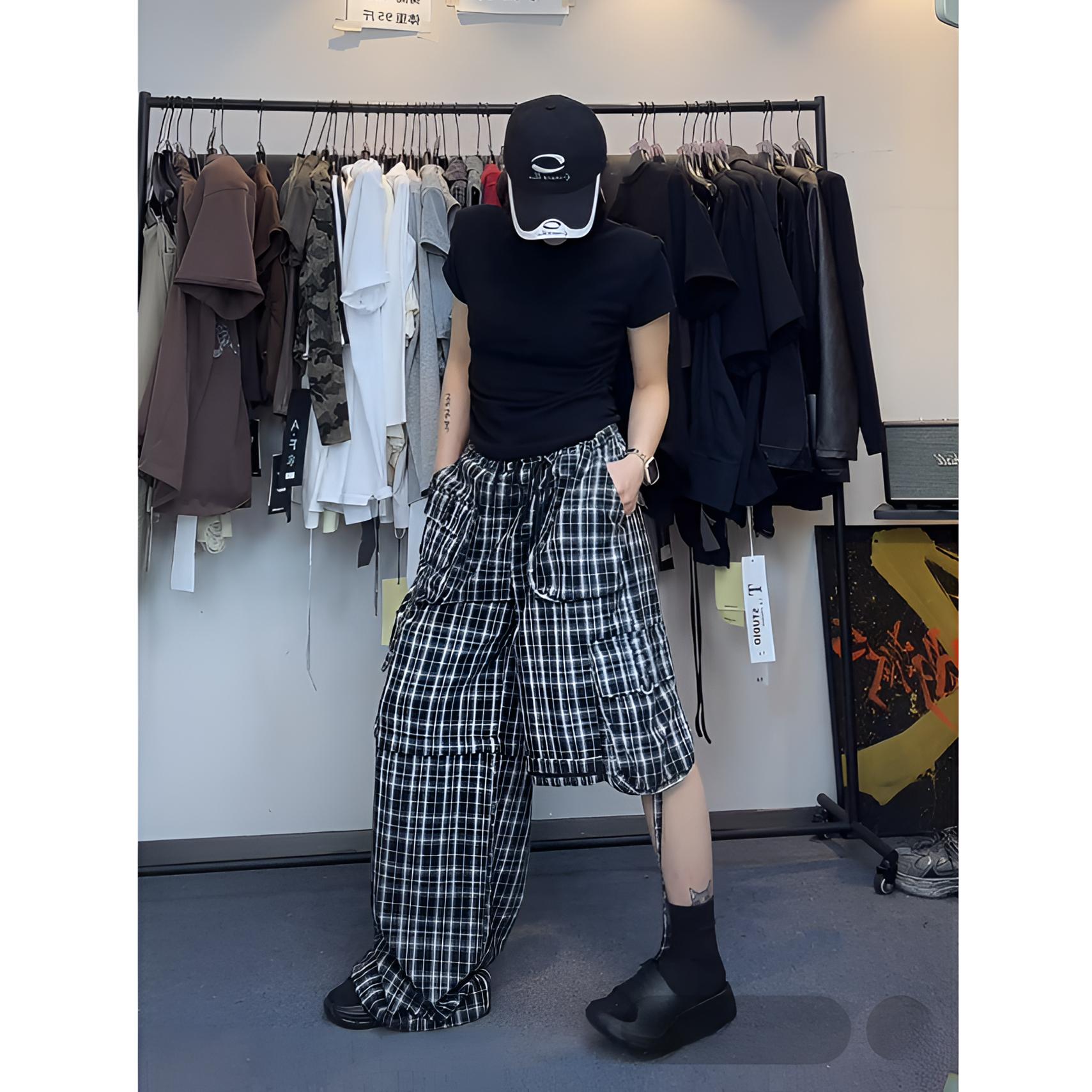 DAXIECHA｜格子两穿口袋街头风工装裤设计师小众休闲裤#88098
