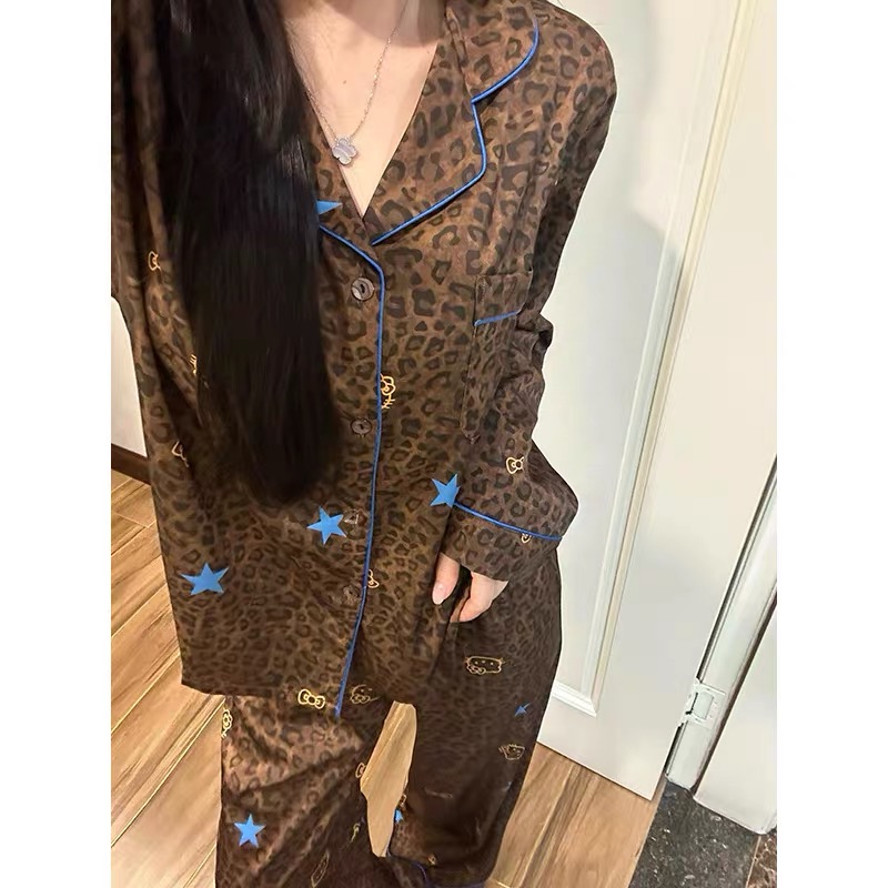【豹纹KT】夏威夷黑皮Kitty猫缎面长袖长裤睡衣女春秋夏季家居服