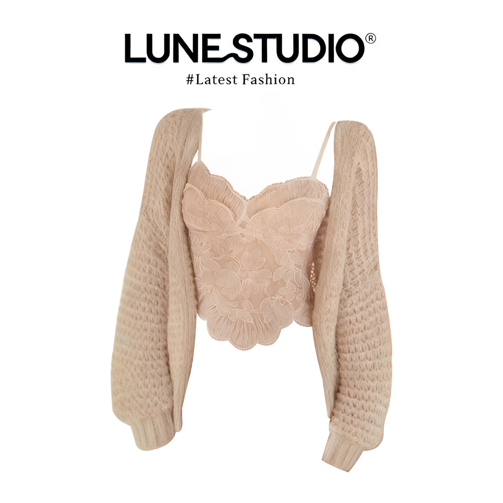 早秋季纯欲风叠穿套装浅杏色针织开衫搭配蕾丝吊带背心两件套女