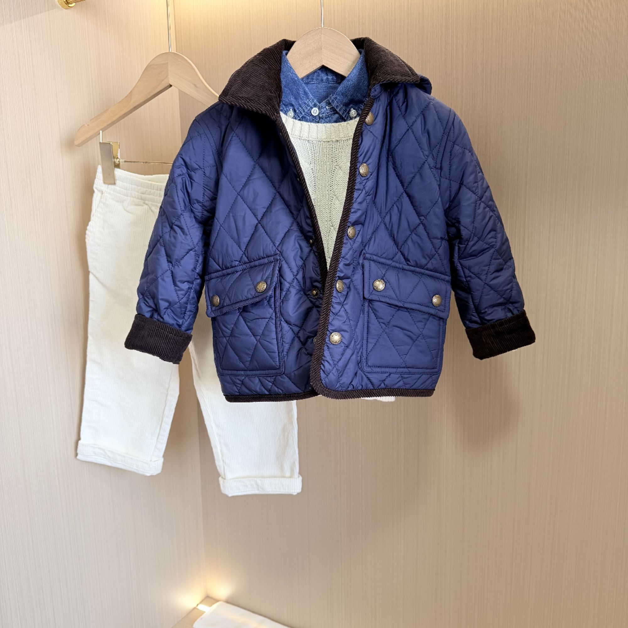 儿童中大童老钱经典菱形格绗缝棉服 帽子可拆卸