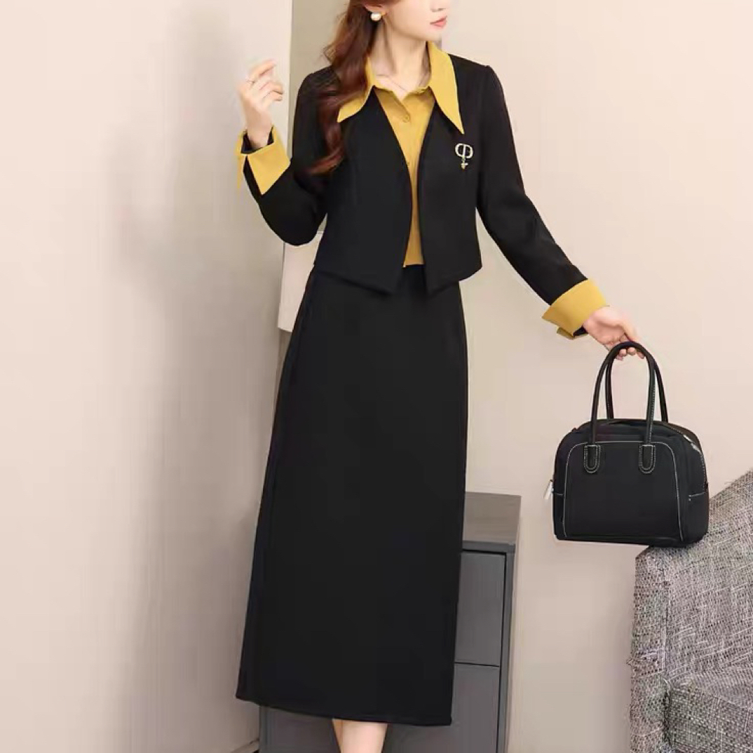 撞色连衣裙女2025冬季新款加厚法式气质通勤两件套装A字裙
