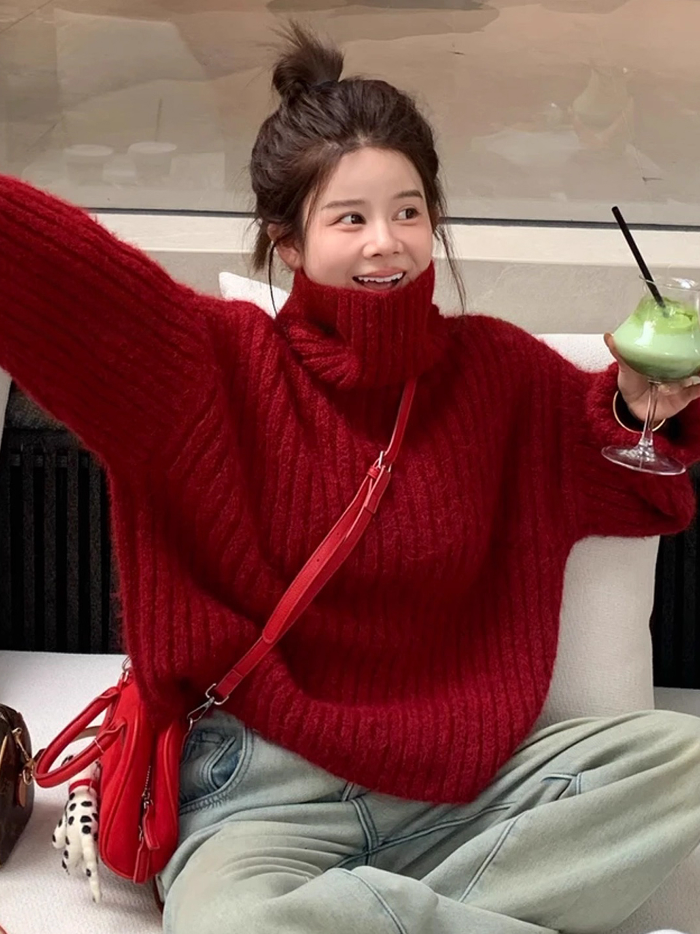 韩系慵懒风纯色高领毛衣女2025秋冬新款小个子宽松保暖针织衫上衣