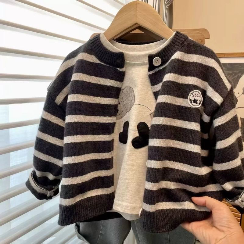 男童洋气条纹毛衣开衫儿童百搭圆领外套针织衫宝宝秋季外套韩国