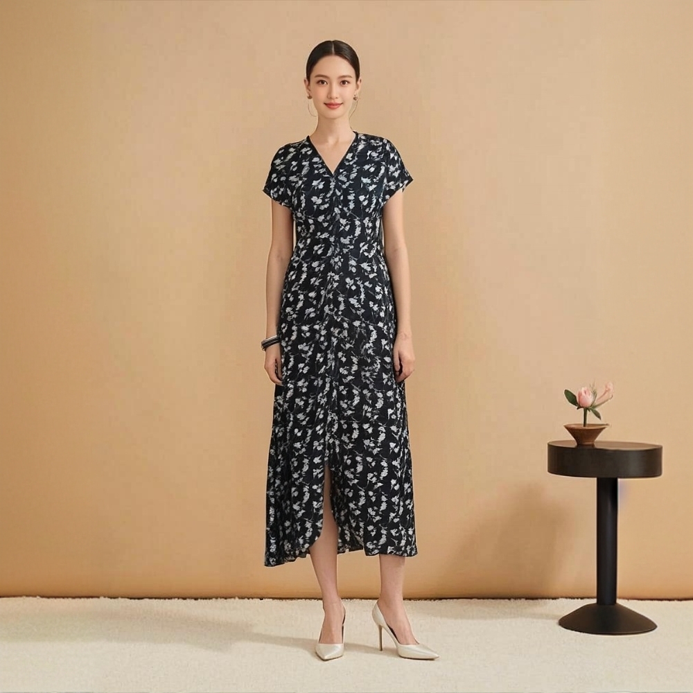 芙薇可可高级长款连衣裙女显瘦休闲2025夏季短袖时尚印花