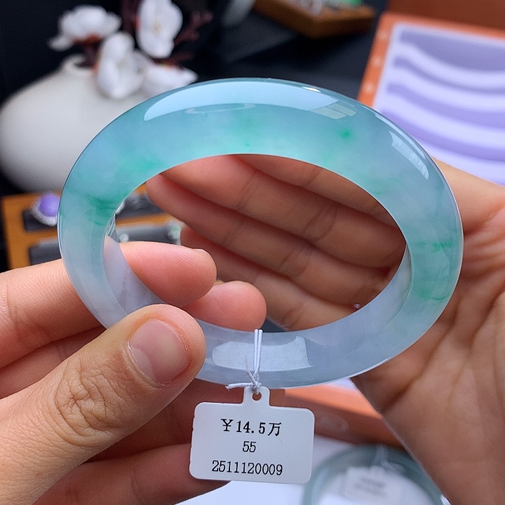 未镶嵌手镯翡翠55海蓝飘金丝绿正圈