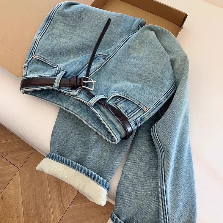 浅蓝色加绒窄版直筒牛仔裤女冬新款小个子宽松显瘦时尚保暖阔腿裤