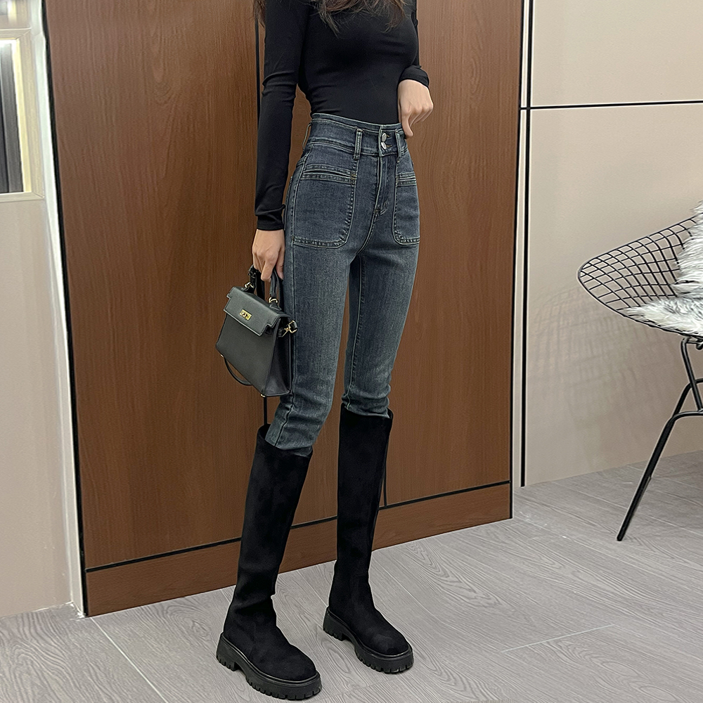 753高腰牛仔裤女小脚铅笔裤靴裤蓝灰色显瘦九分小个子复古长裤
