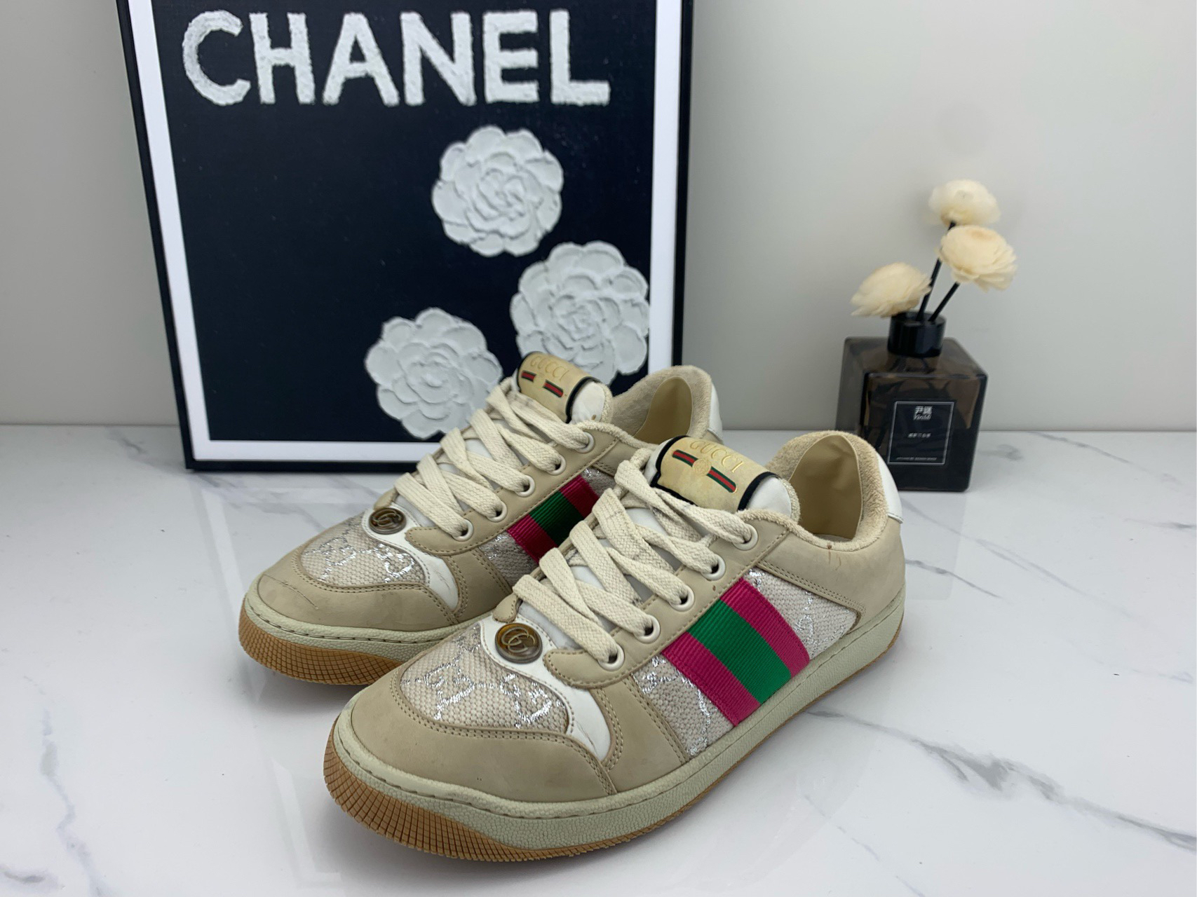 90新 GUCCI/古驰 粉白脏脏鞋 36.5码/jm00244