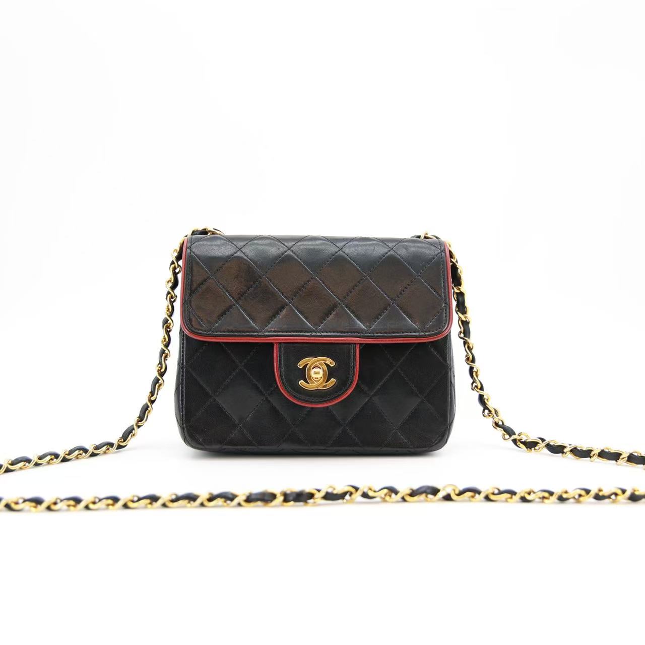 95新 Chanel/香奈儿 cf方胖子黑拼红色滚边金扣羊皮/14957851