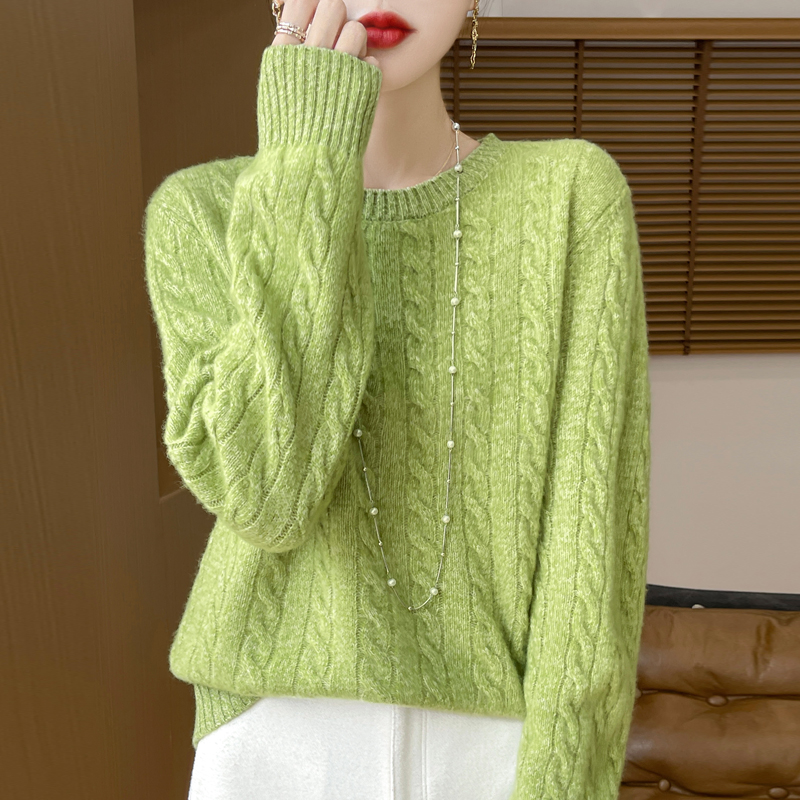 气吞风雅妙无伦~秋冬新款花纱圆领绞花羊毛衫女百搭保暖