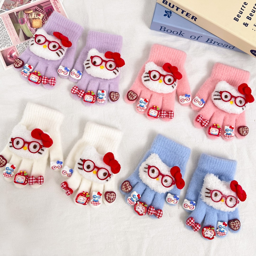 儿童手套女童可爱猫咪针织毛绒五指手套冬季加厚保暖防寒学生手套