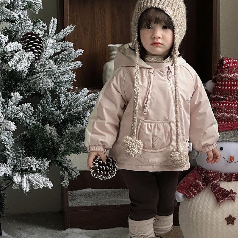女童夹棉冲锋衣秋冬新款婴幼儿加厚保暖外套女宝卡通动漫连帽棉衣