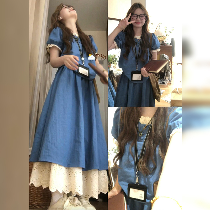 【现货+运补】蓝色短袖连衣裙子法式气质穿搭一整套装女长裙2352