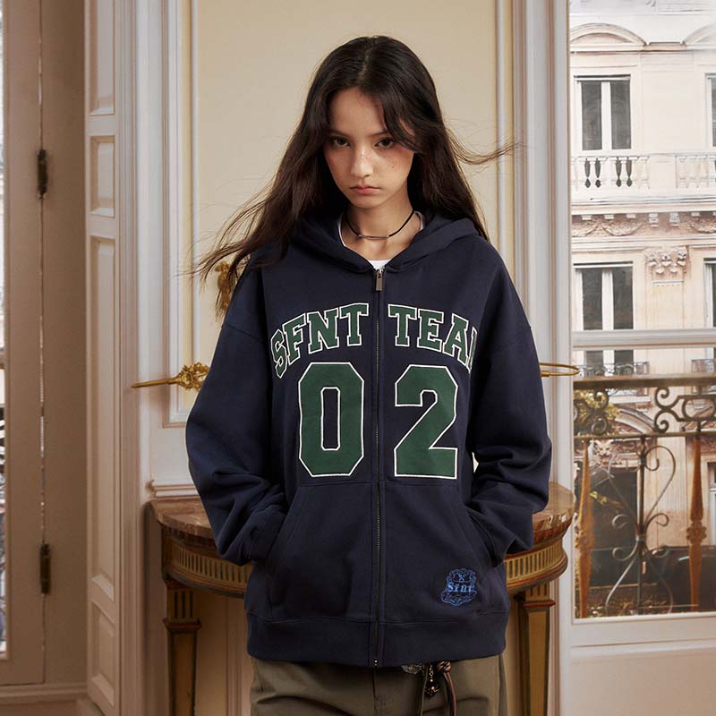 【翁杰同款】SFNT 美式校园撞色字母刺绣开衫卫衣美式街头潮流