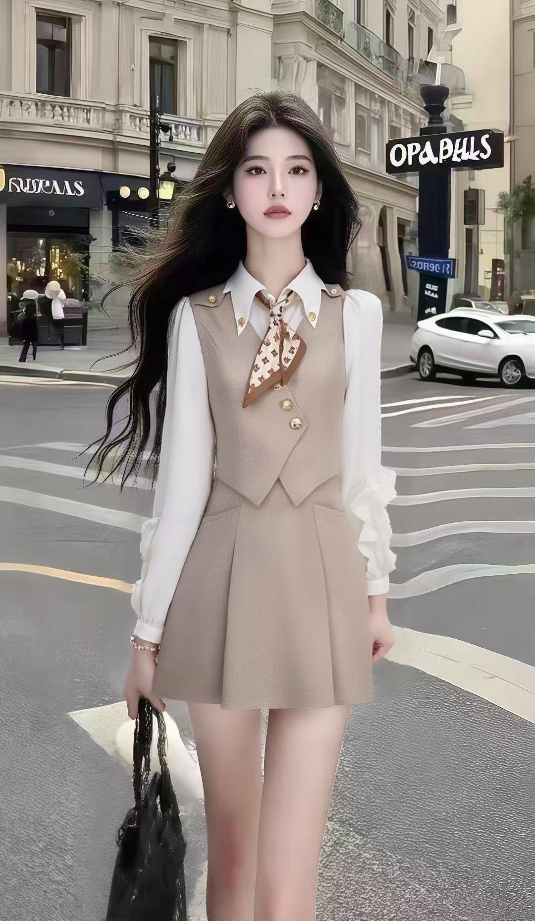 休闲通勤风撞色拼接长袖翻领修身上衣+显瘦百搭高腰半身裙两件套