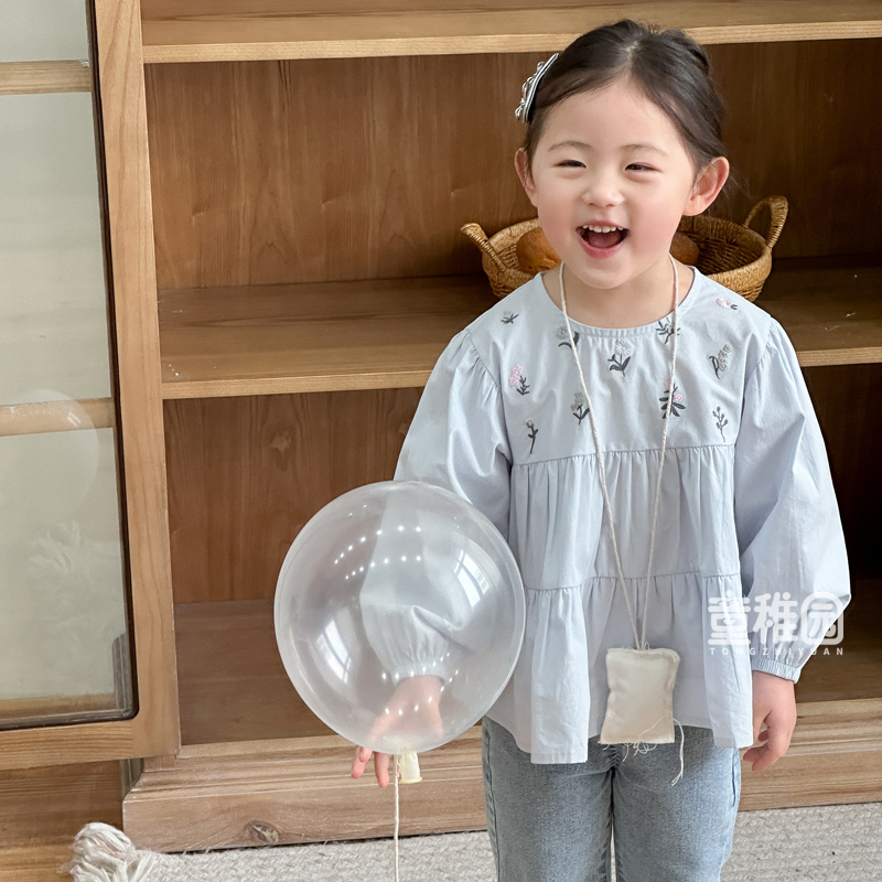 女童春秋季新款韩版长袖衬衣蓝色刺绣小花衬衫甜美女欧若风童装
