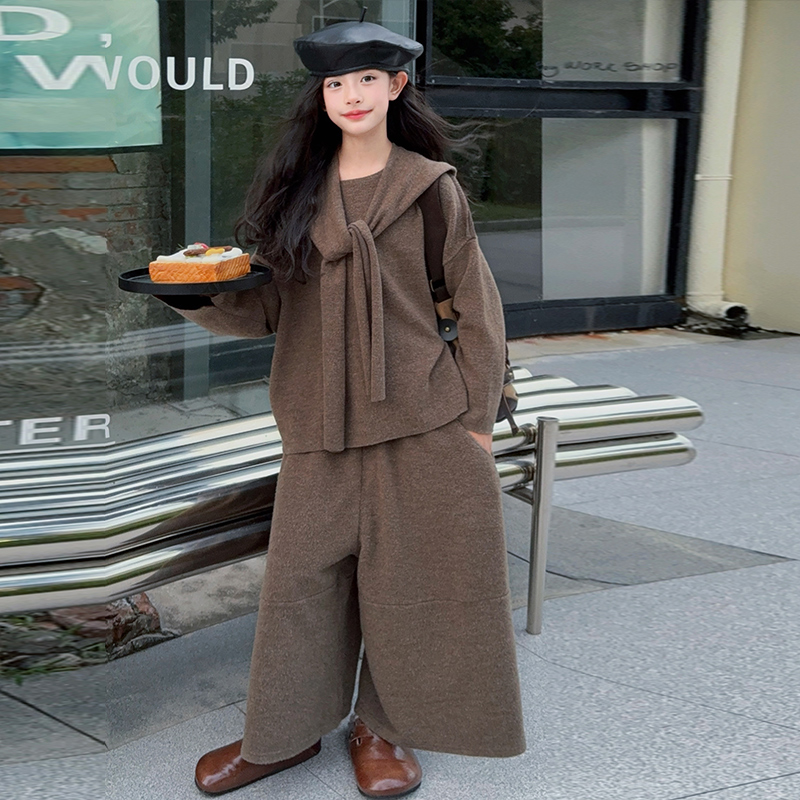 女童秋季套装2025新款儿童高级感披肩毛衣阔腿裤三件套时髦穿搭