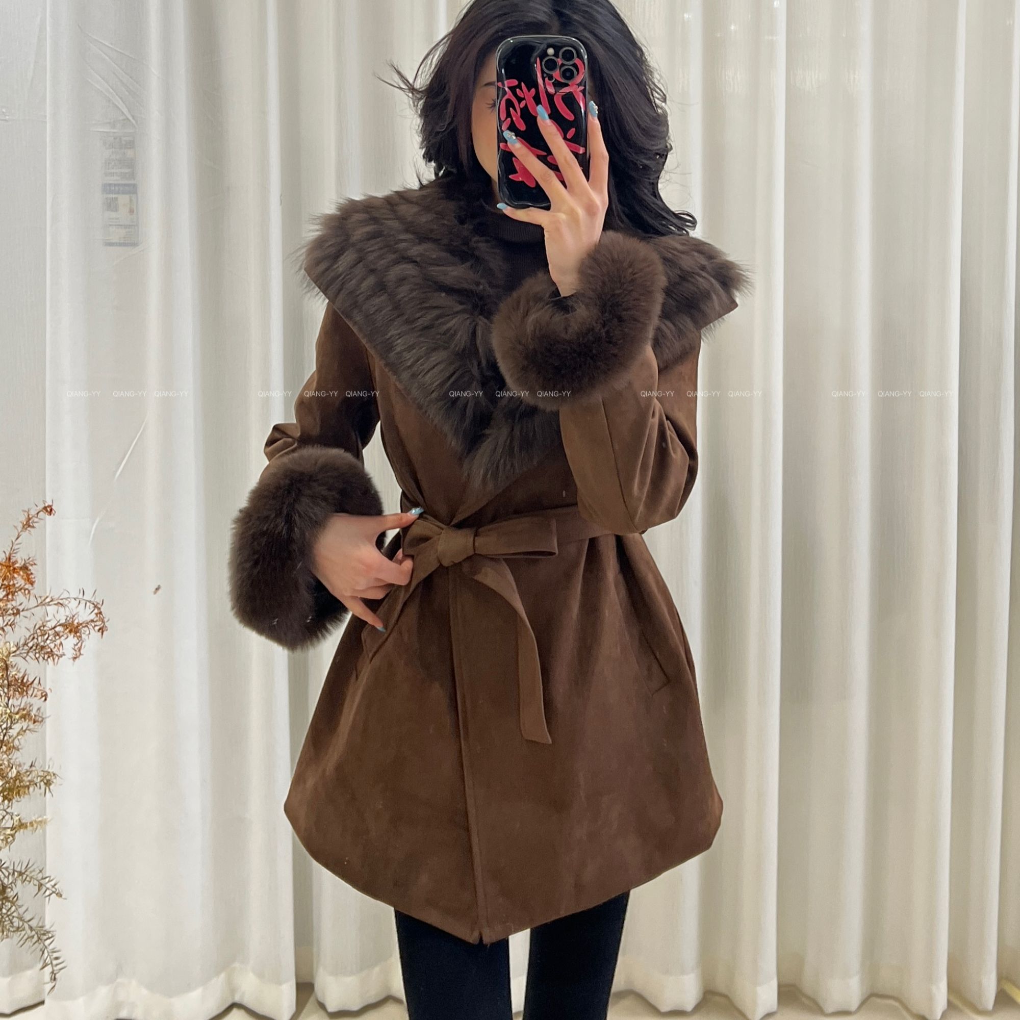 白鸭绒外套长袖法式女士中长款系带狐狸毛领321