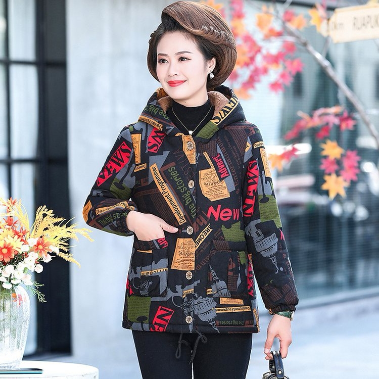冬季新款时尚连帽加绒短款棉衣外套女士加厚保暖上衣中老年妈妈装