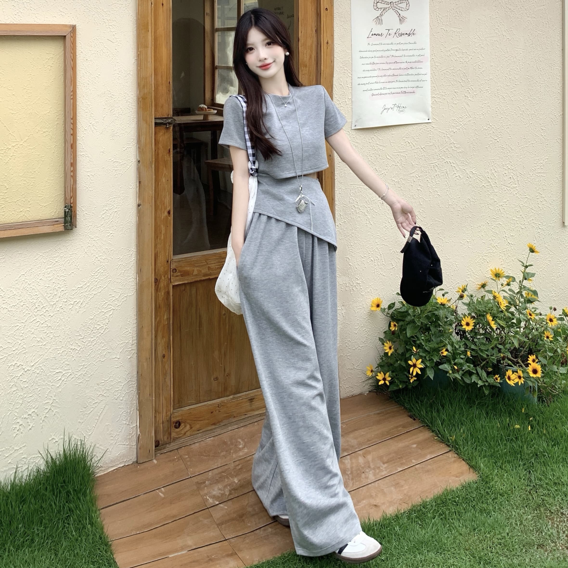 甜菜大码简约休闲套装女新款胖MM遮肉显瘦短袖T恤长裤夏季两件套