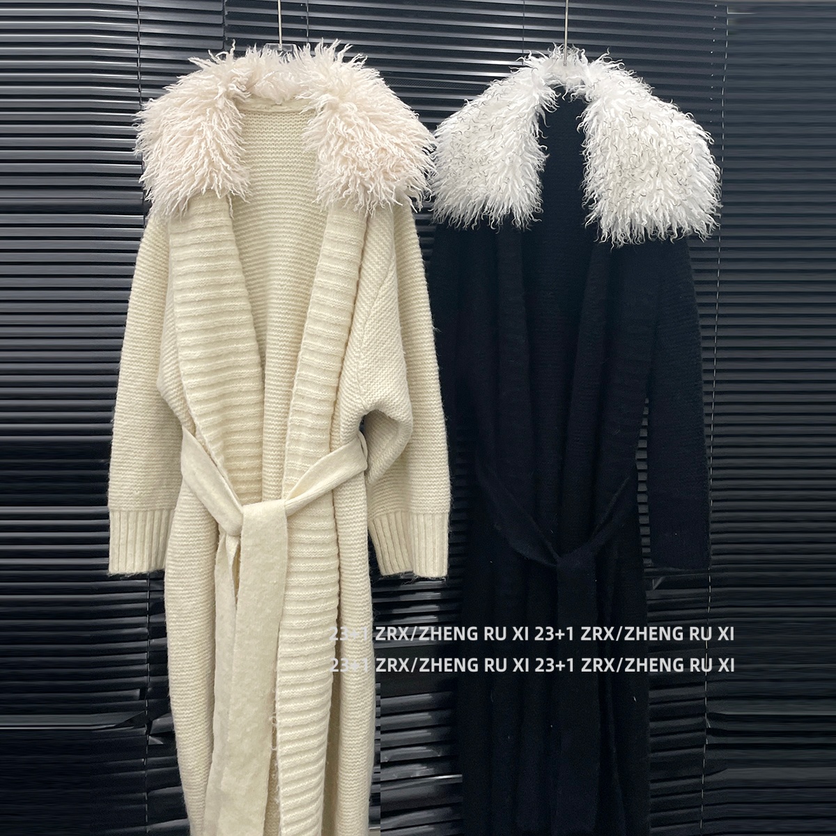 付新博女装大毛领针织大衣女慵懒风宽松腰带长款毛衣外套15187