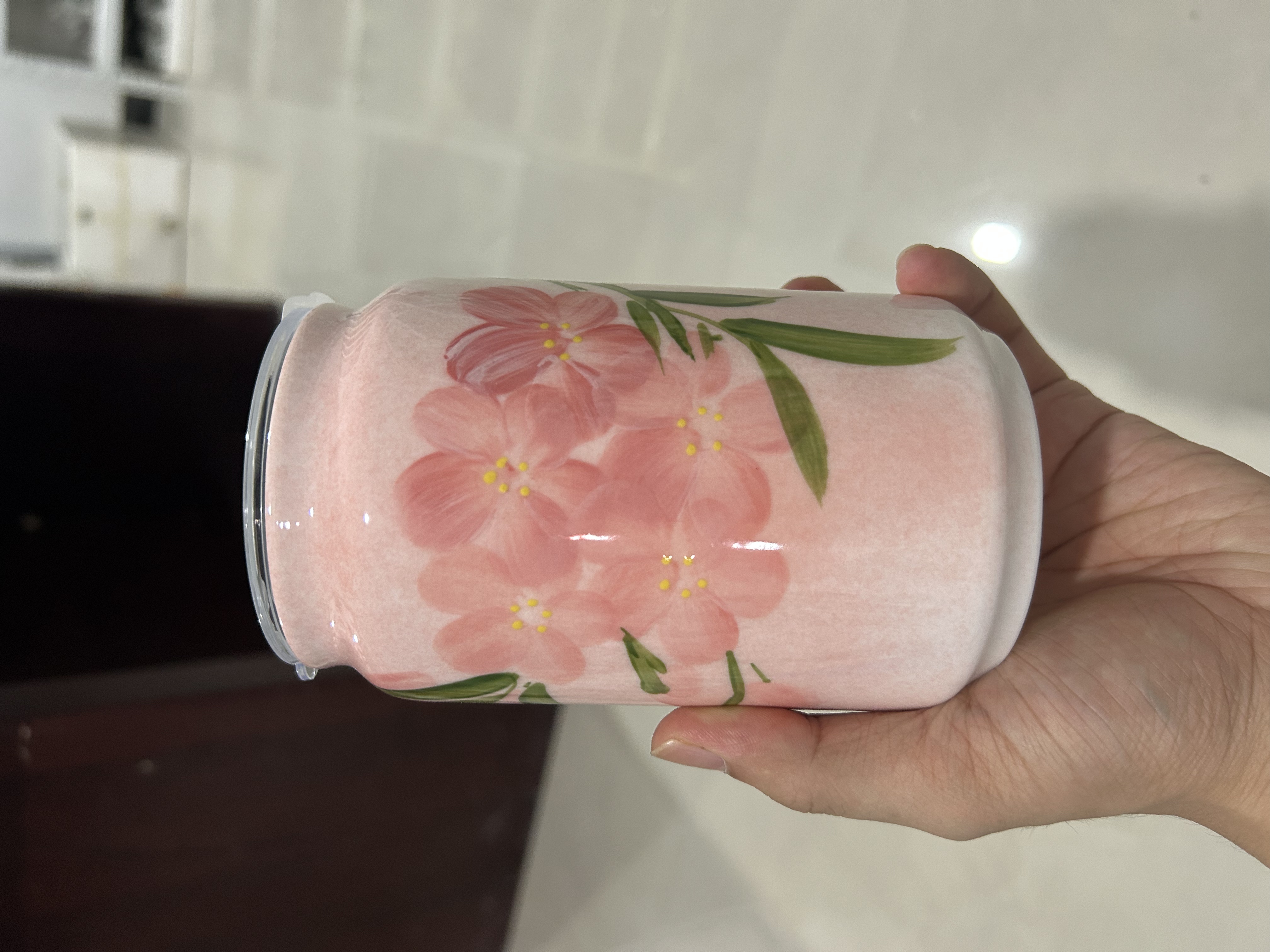 LC152景德镇手绘玲珑吸管杯桃花