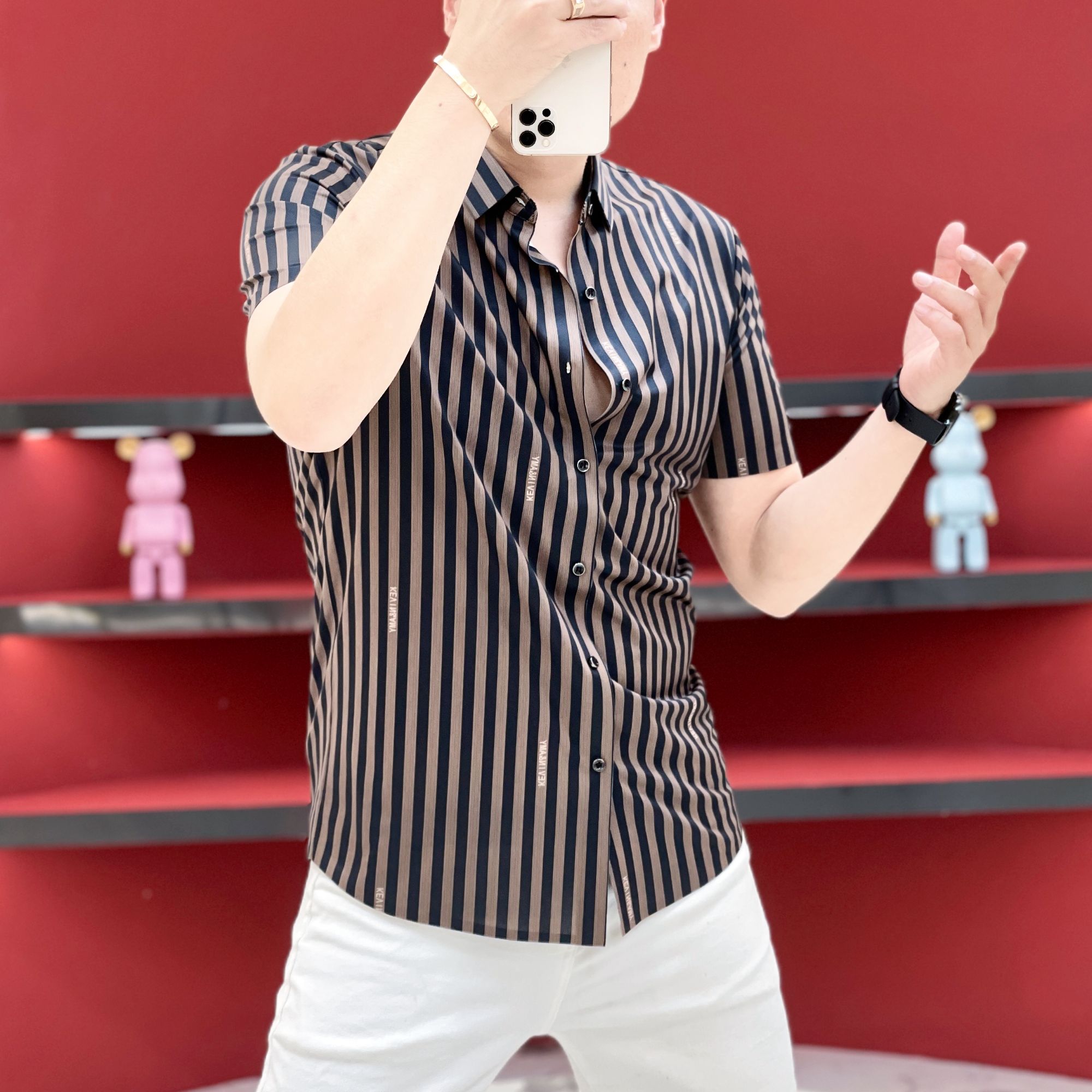 【傲者严选】2025夏季新款男士条纹修身短袖时尚潮流百搭