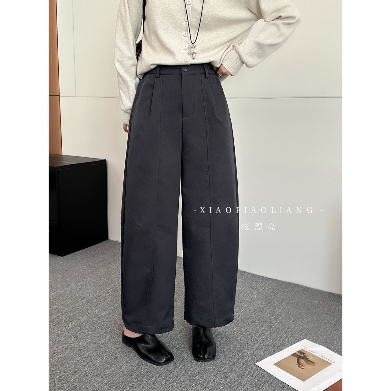 小众半松紧高腰阔腿裤女2025韩系极简风立体裁剪九分裤8868#0.1