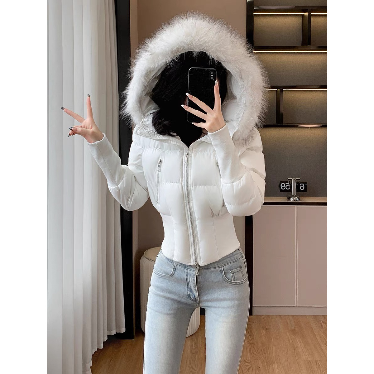 小蛮腰新款保暖短款连帽毛领可拆修身显瘦冬季加绒百搭棉服