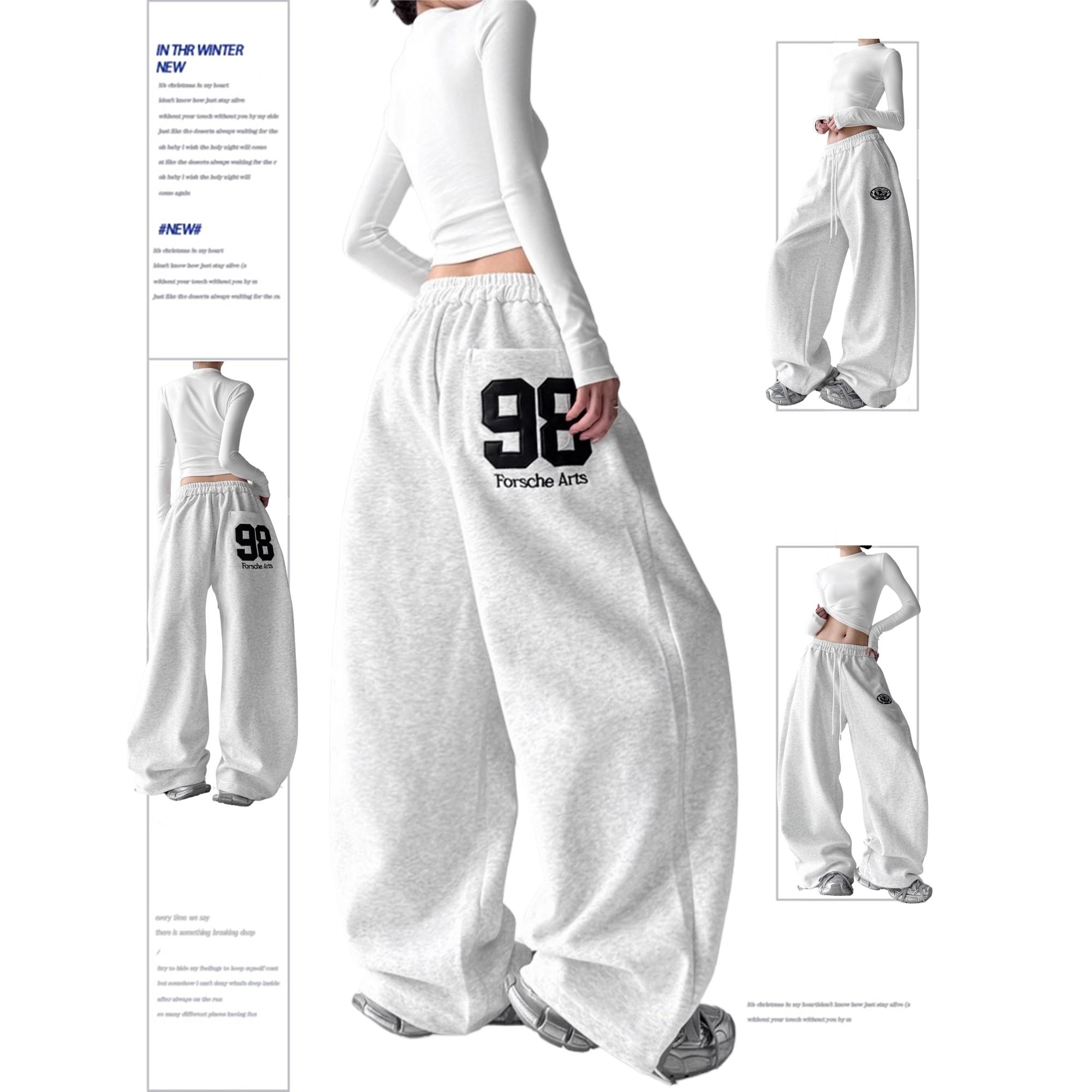 加绒美式复古运动卫裤秋冬厚款字母印花宽松垂感休闲裤拖地阔腿裤