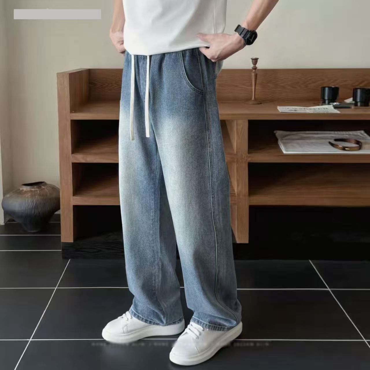 2025加绒秋冬季潮流复古蓝水洗做旧牛仔裤宽松休闲百搭直筒裤子