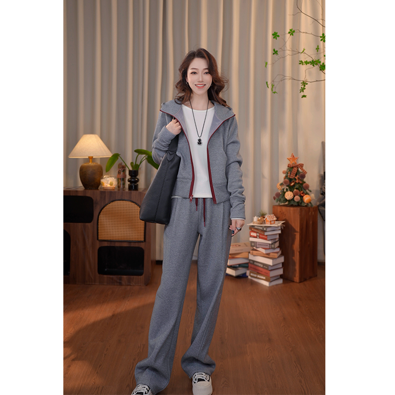 【雨雨】“加绒”慵懒风秋冬连帽休闲套装气质A21384