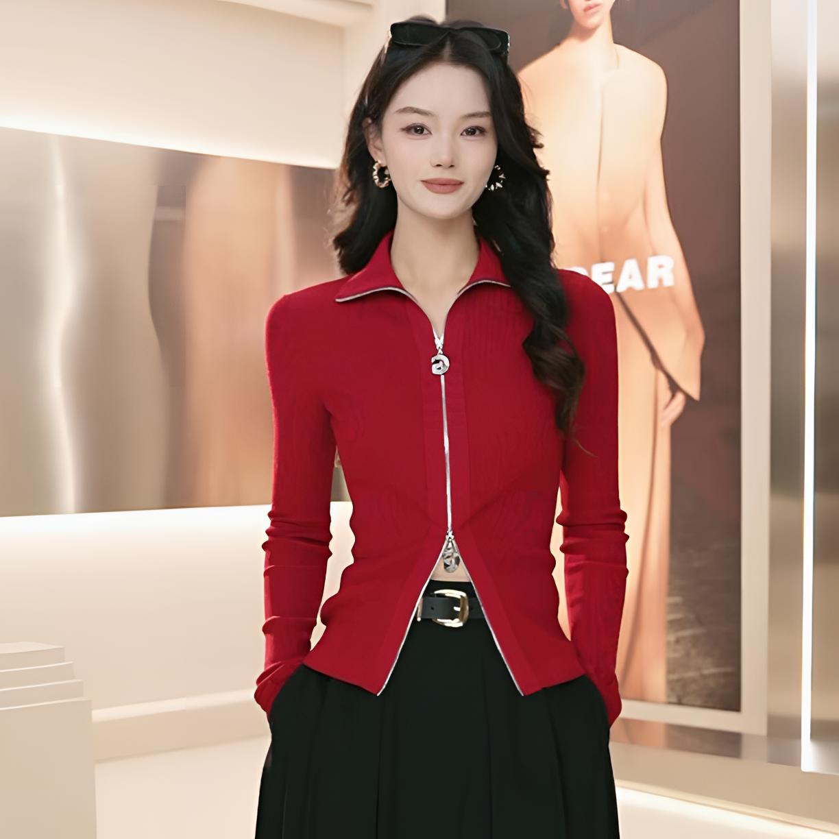 哥弟经典百搭舒适竖坑条双头拉链高领显瘦遮肉长袖针织毛衣148019