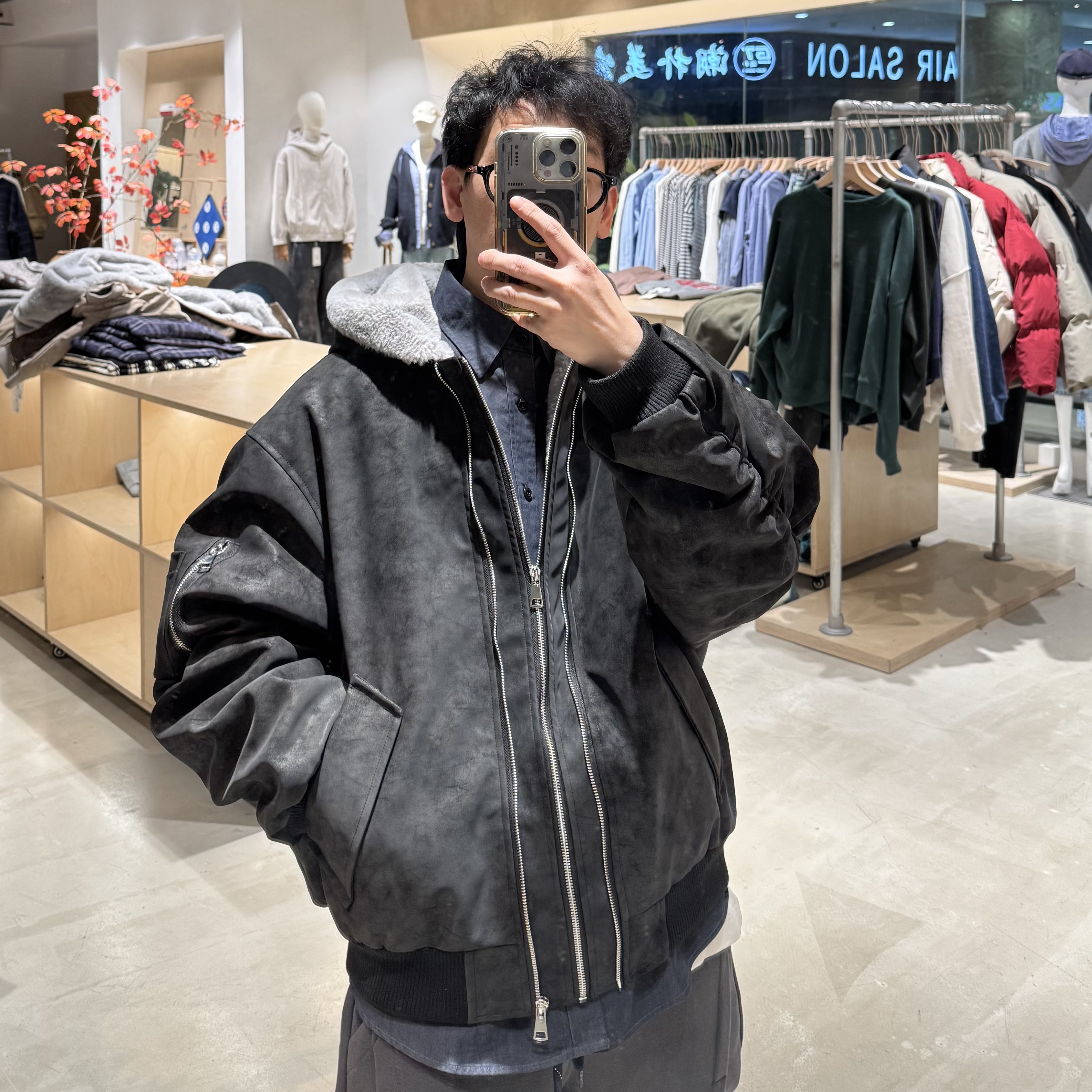 金属丝PU皮座山雕外套夹克加绒加厚冬季百搭时尚 5037