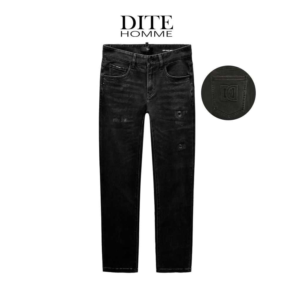 Dite迪特2025男士牛仔裤磨破钢珠双D薄绒弹力直筒修身潮流休闲