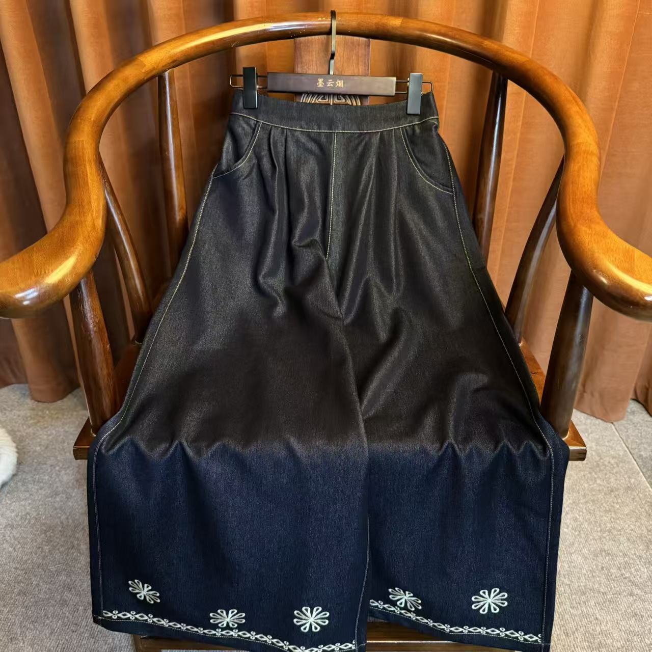 【笙花】 步步生花新中式国风小众轻奢百搭休闲牛仔复古阔腿裤037