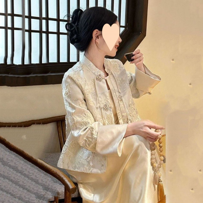 大码胖新中式中国风女春高级设计感盘扣外套连衣裙两件套200斤