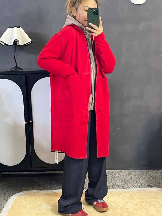 A166342红色中长款卫衣时尚国风百搭过膝韩版宽松长袖春秋运动