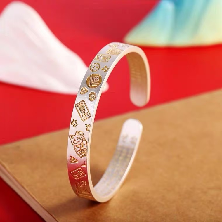 999.9银描金招财猫吉言开口镯