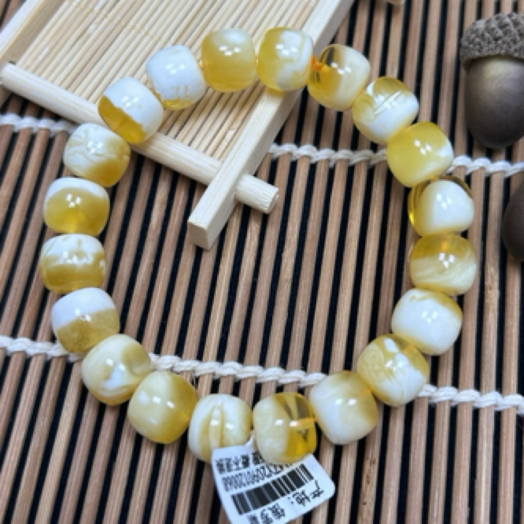 12+mm 瑕疵 「蜜之缘珠宝」天然原矿琥珀蜜蜡金瓷白聚宝盆老型手串