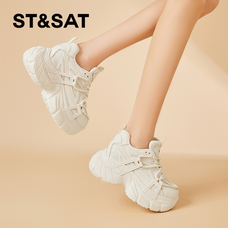 星期六2025年春季新款网面女鞋圆头厚底低帮鞋系带百搭时尚老爹鞋